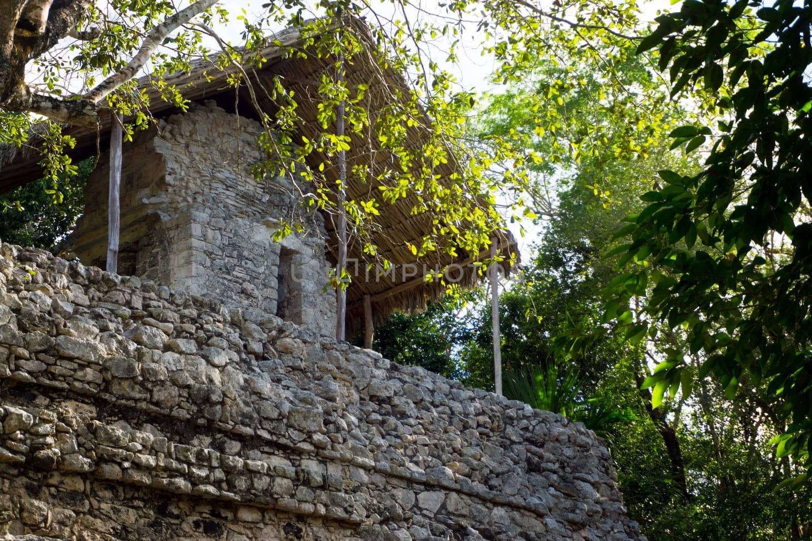 Closeup view of the Temple of the Paintings in the Mayan ruins of Coba, Mexico