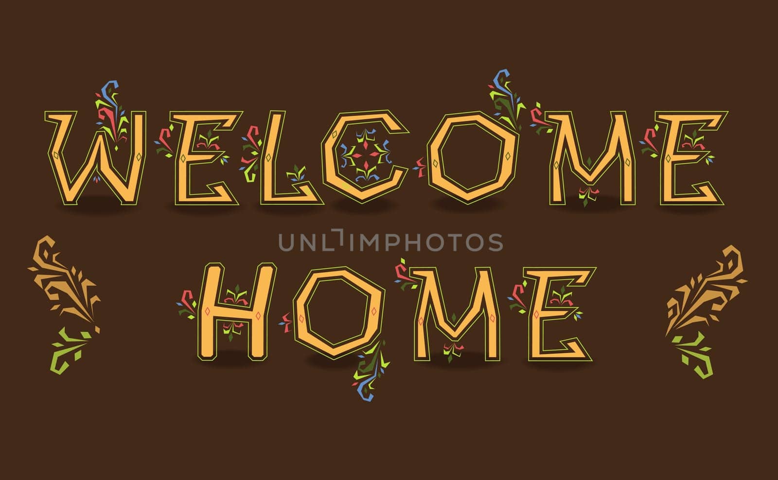 Inscription Welcome Home. Artistic font. Delicate letters with floral pattern. Illustration