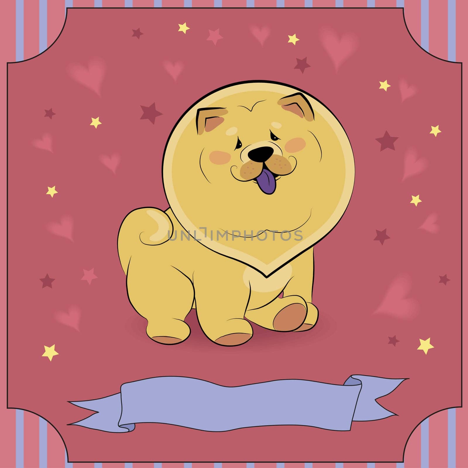Happy Yellow Dog Chow. I am cute. Purple banner for custom text. Red background with stars and hearts. Illustration