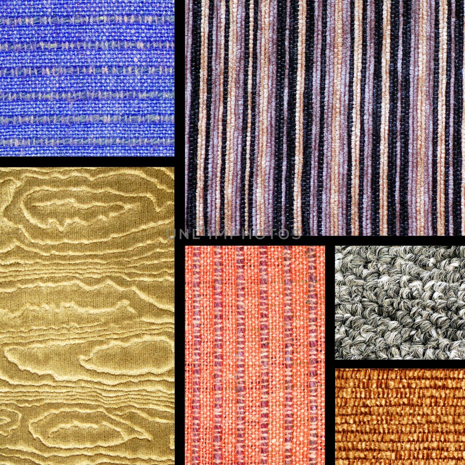 Collection of different carpets with colorful pattern.