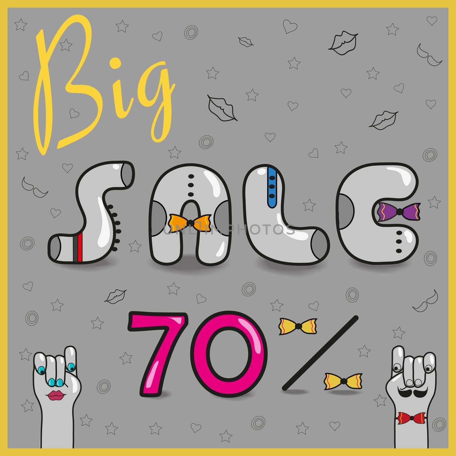 Inscription Big Sale with hipster style. Seventy percents. Artistic font. Gray letters with colorful ties. Pink numerals. Hipsters hands looking at each other. illustration
