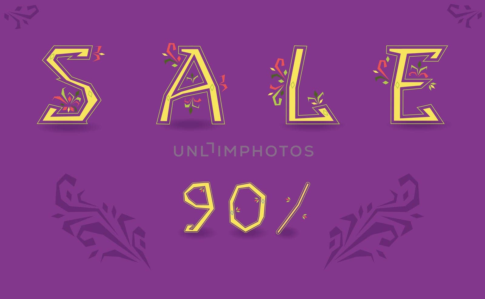 Inscription Sale. Ninety percents. Delicate letters with floral decor. Artistic font.  Illustration