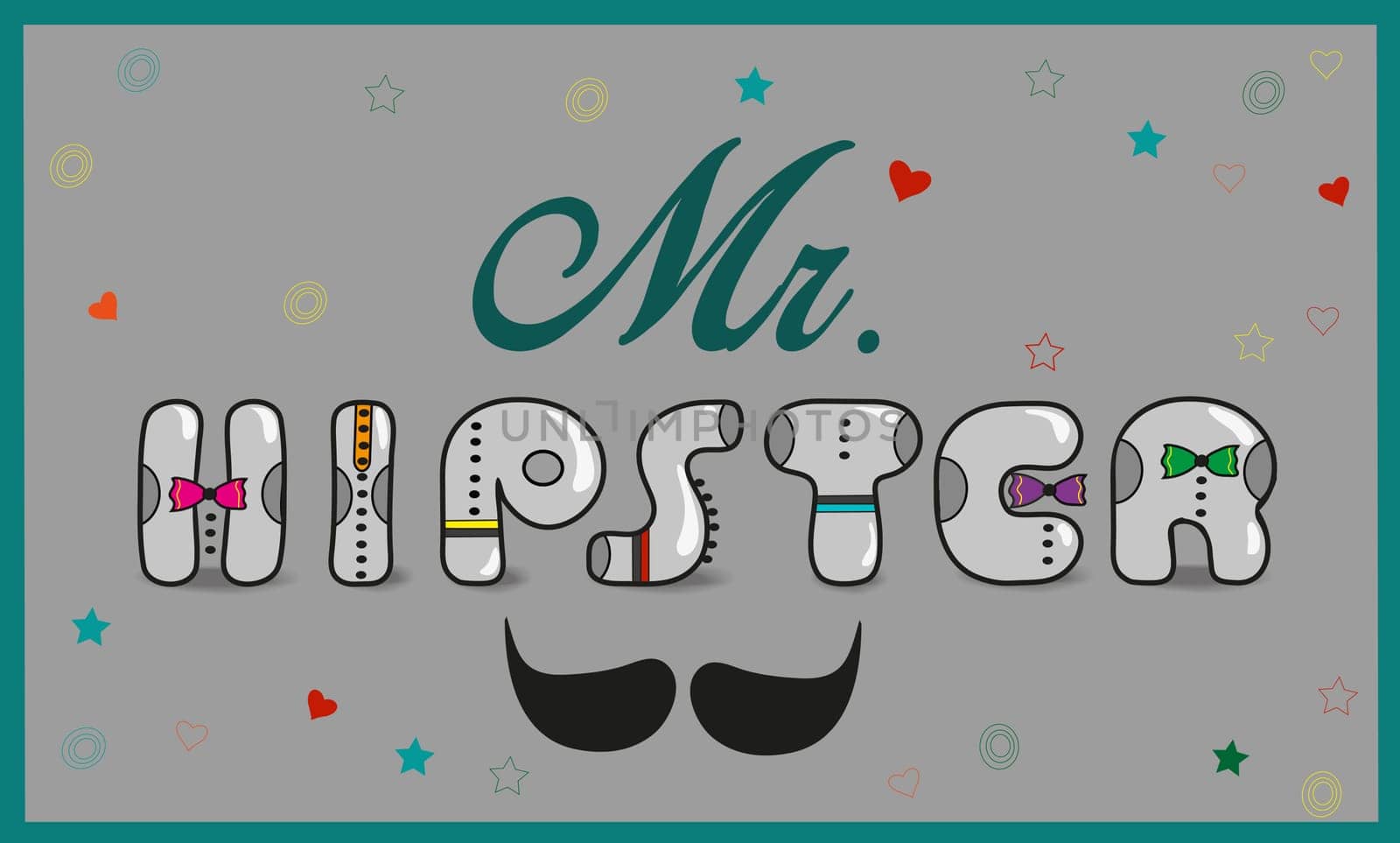 Inscription Mr. Hipster. Vintage font. Gray letters with colorful ties. Black mustache. Retro style. Illustration.