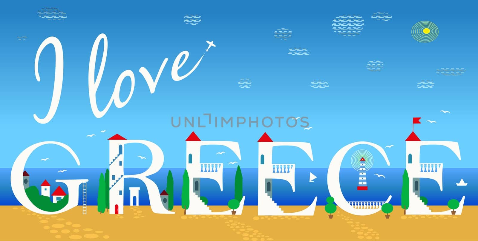 Inscription I love Greece. Cute white houses on the coast. Summer beach. Plane in the sky. Illustration.