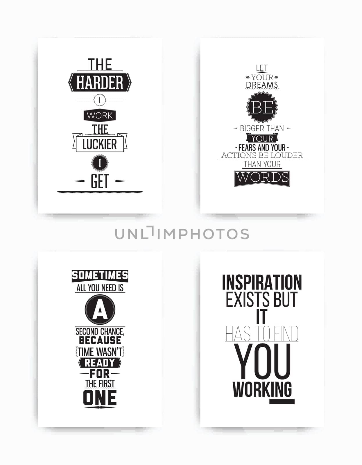 A set of four motivational posters with popular quotes black and white colors