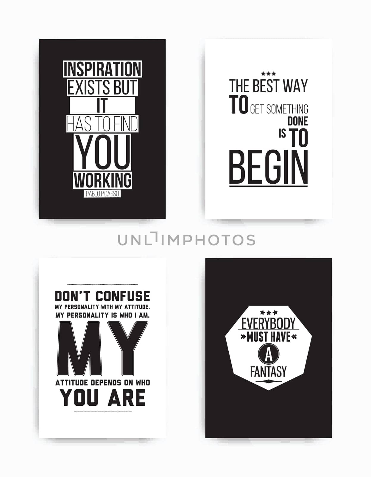 A set of four motivational posters with popular quotes black and white colors