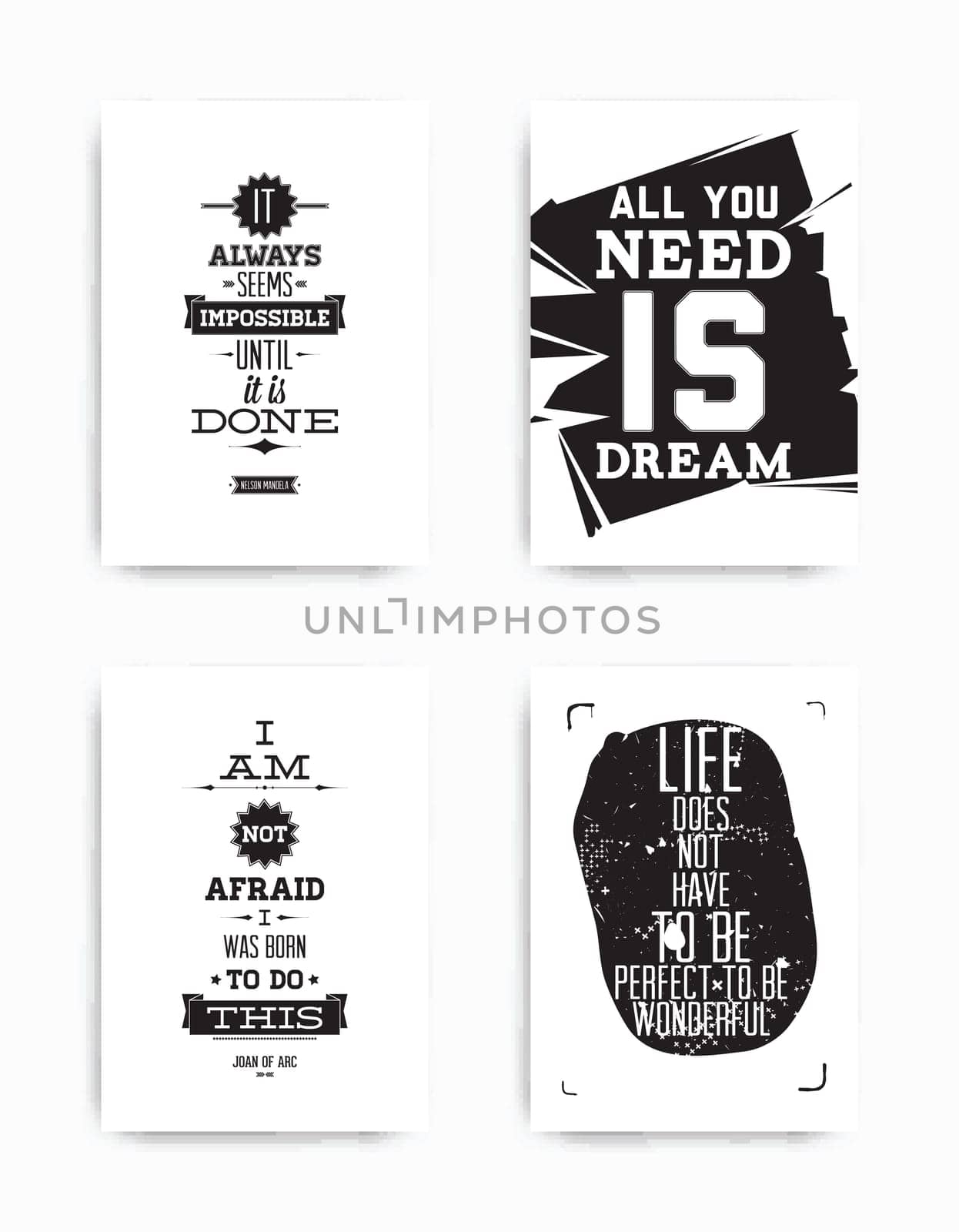 A set of four motivational posters with popular quotes black and white colors