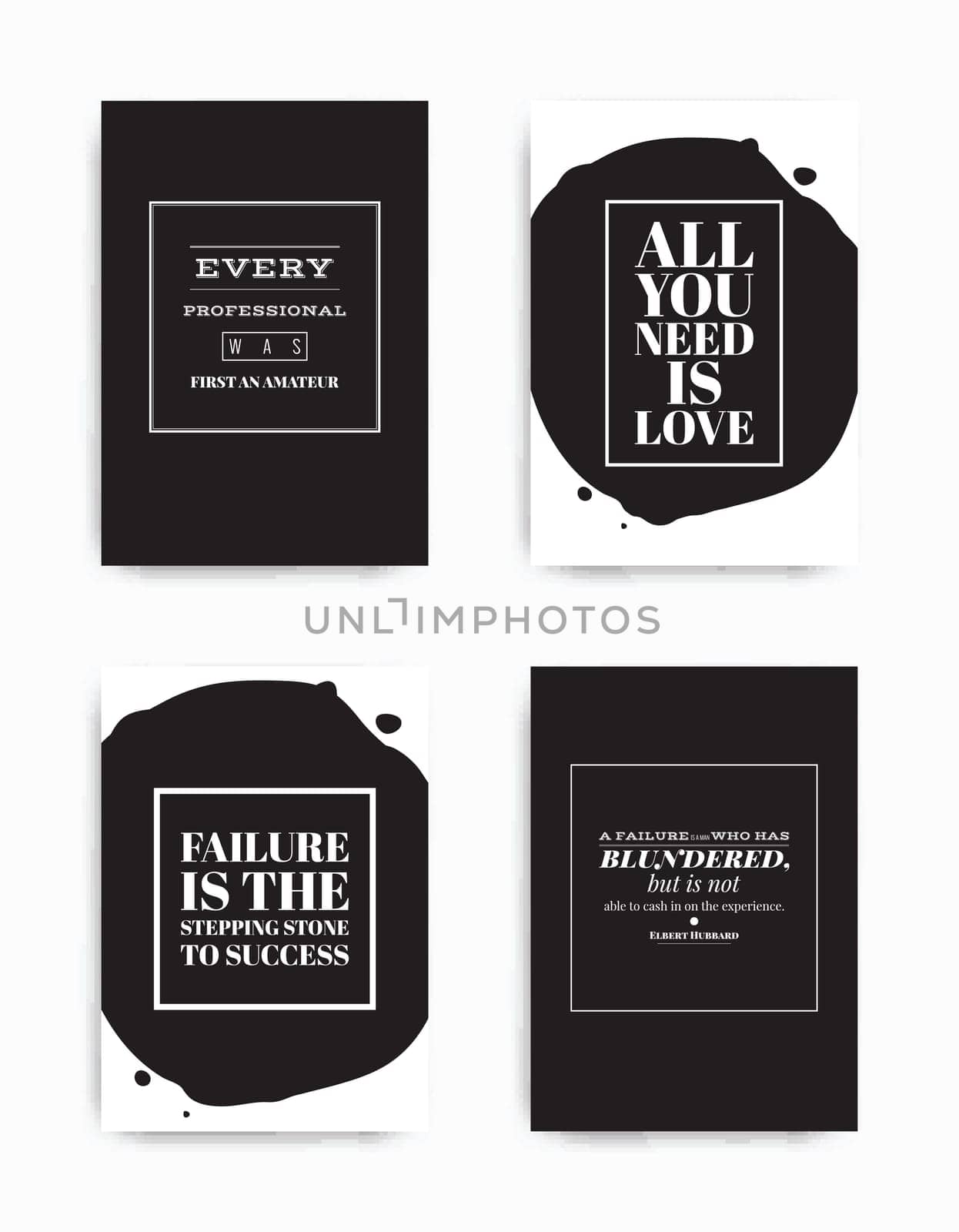 A set of four motivational posters with popular quotes black and white colors