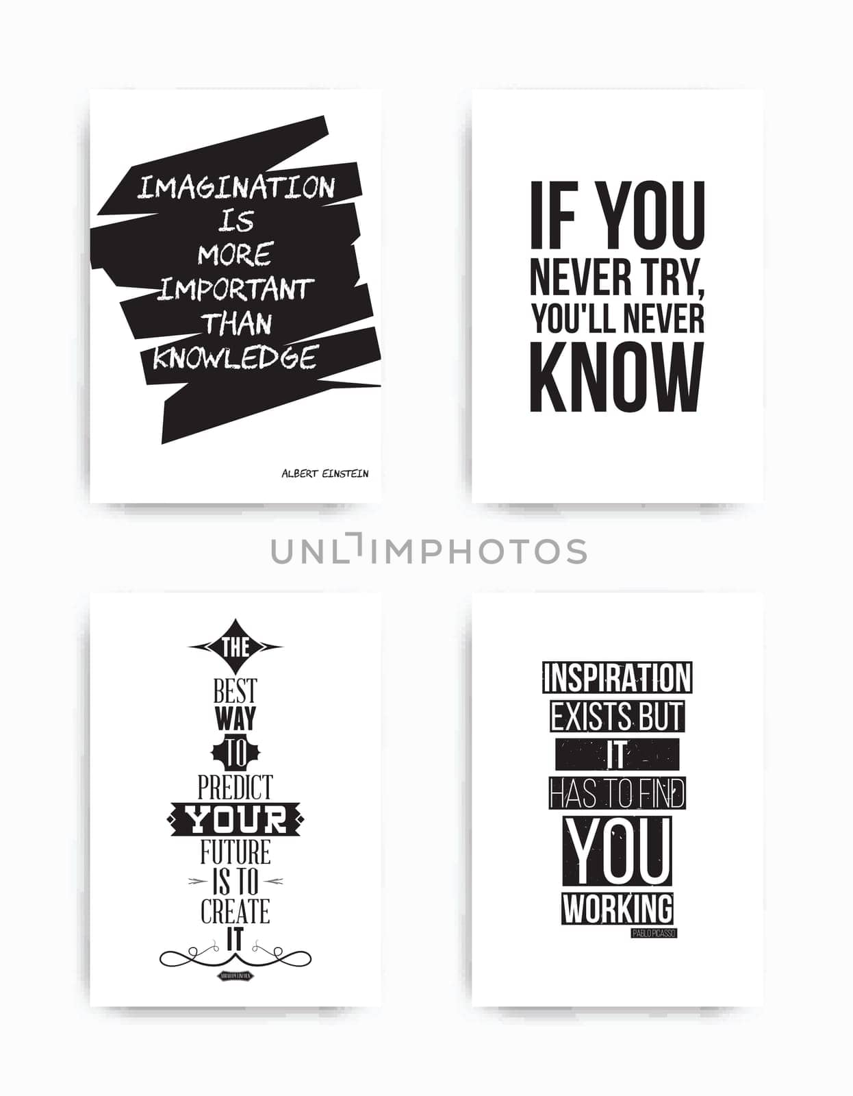 A set of four motivational posters with popular quotes black and white colors