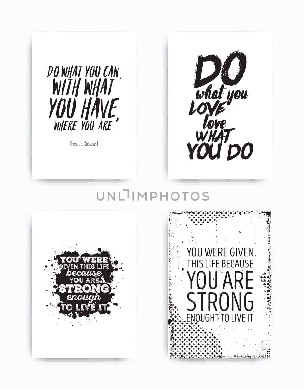 A set of four motivational posters with popular quotes black and white colors
