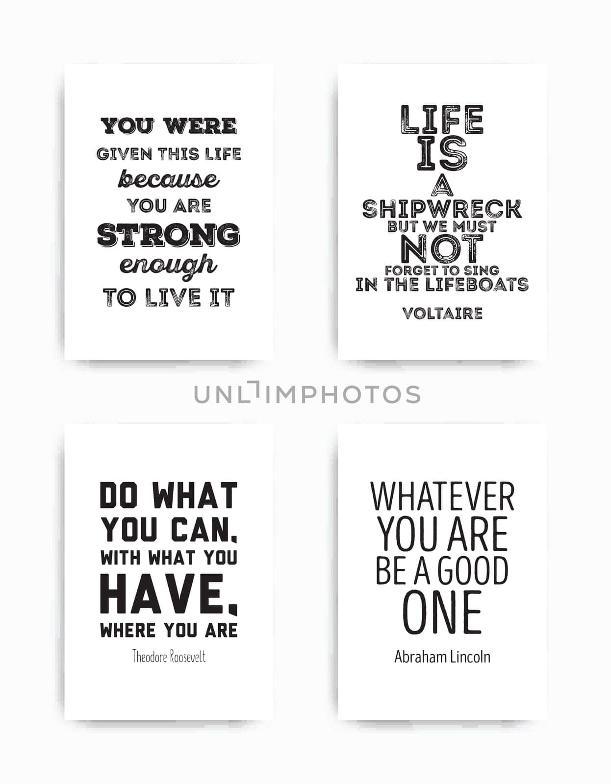 A set of four motivational posters with popular quotes black and white colors