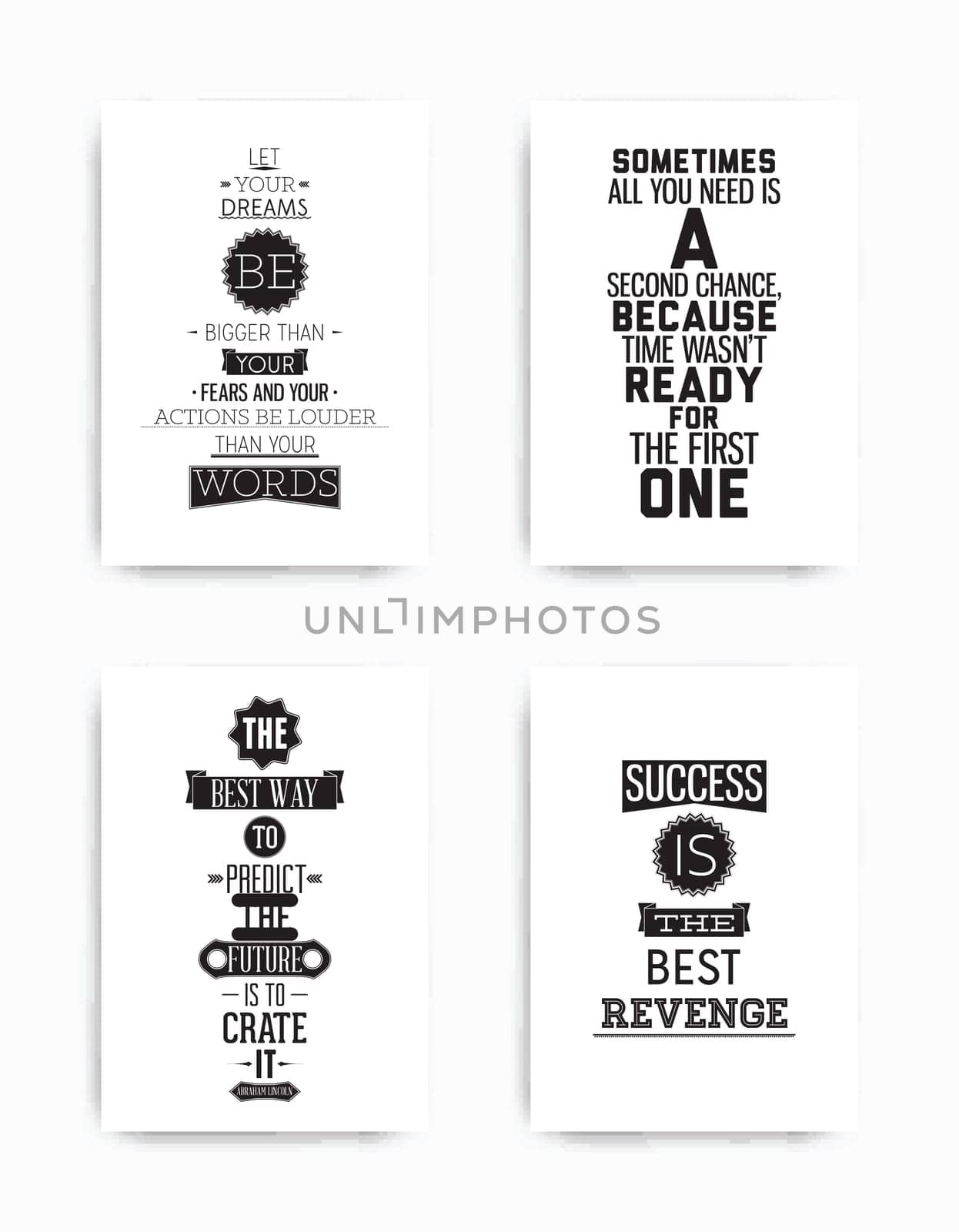 A set of four motivational posters with popular quotes black and white colors