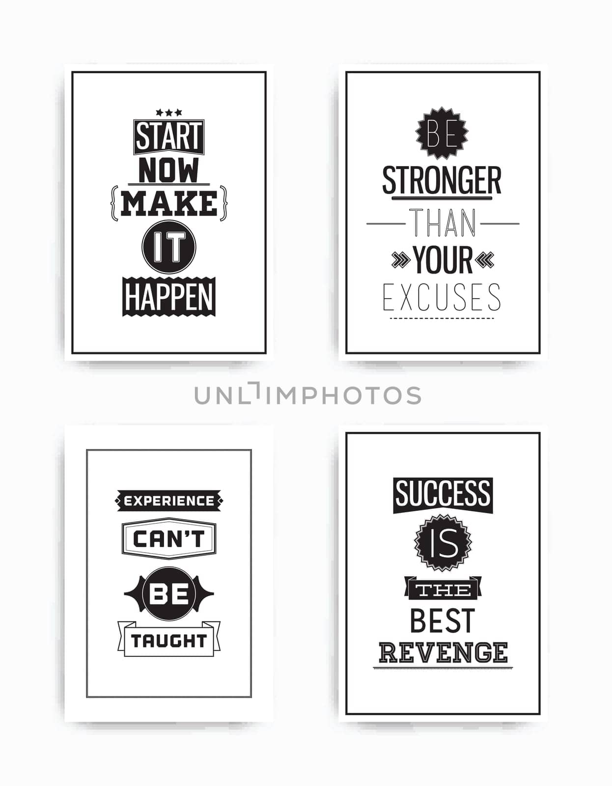 A set of four motivational posters with popular quotes black and white colors