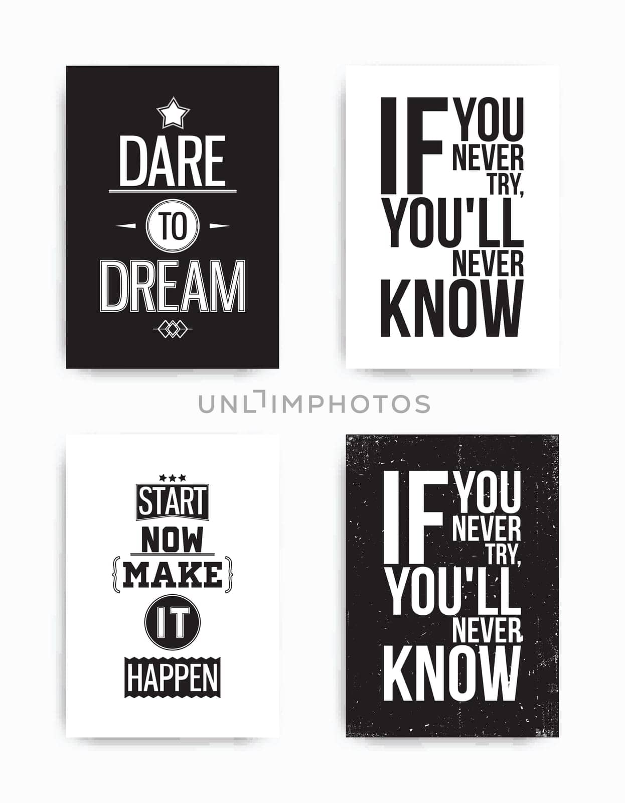 A set of four motivational posters with popular quotes black and white colors
