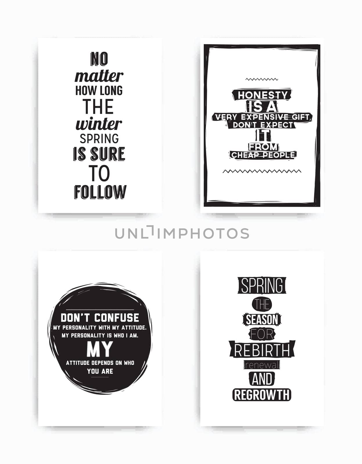 A set of four motivational posters with popular quotes black and white colors