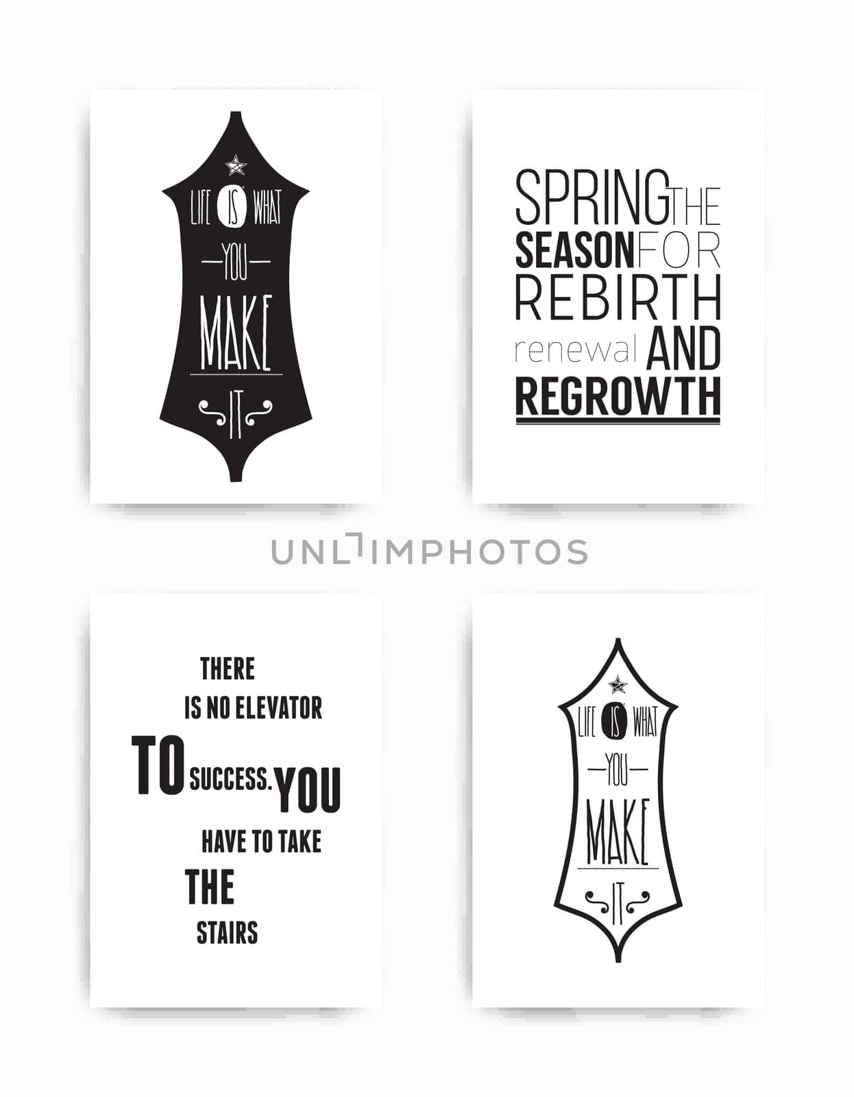 A set of four motivational posters with popular quotes black and white colors