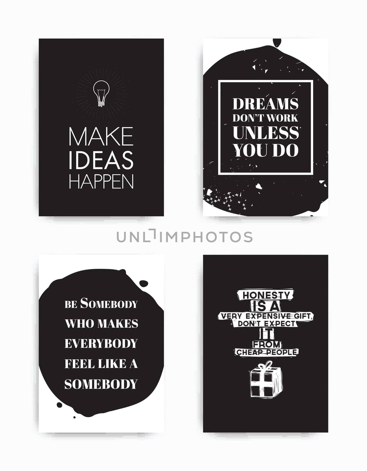 A set of four motivational posters with popular quotes black and white colors