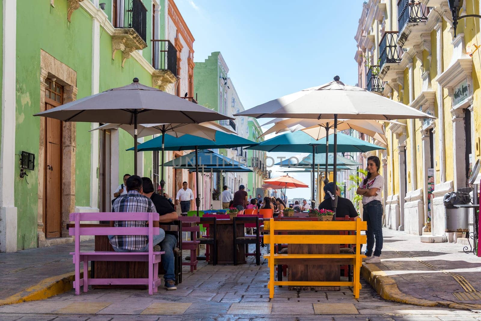 CAMPECHE, MEXICO - FEBRUARY 23: Pedestrian street with outdoor seating in Campeche, Mexico on February 23, 2017