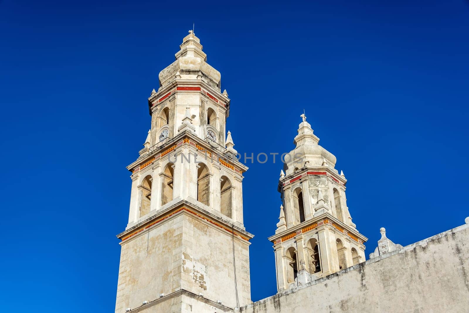 Spires of the cathedral in Campeche, Mexico