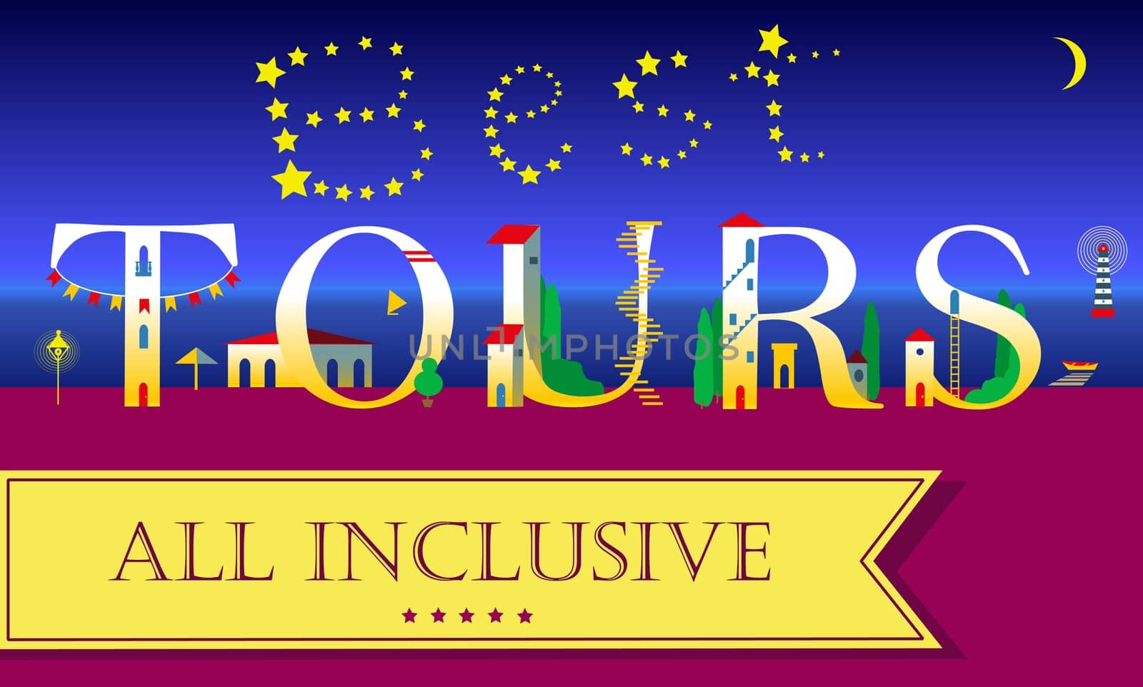 Best Tours. All inclusive. Night beach. Cute houses Font. Inscription by stars in the sky. Yellow banner. Illustration.