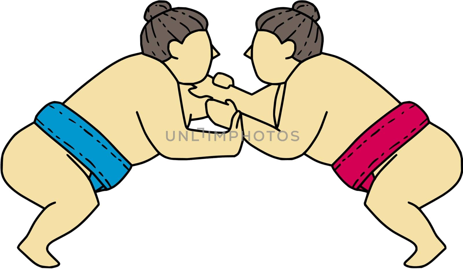 Mono line style illustration of a Japanese rikishi or wrestler, engaging in a match bout of Sumo or sumo wrestling, competitive full-contact wrestling sport viewed from the side set on isolated white background