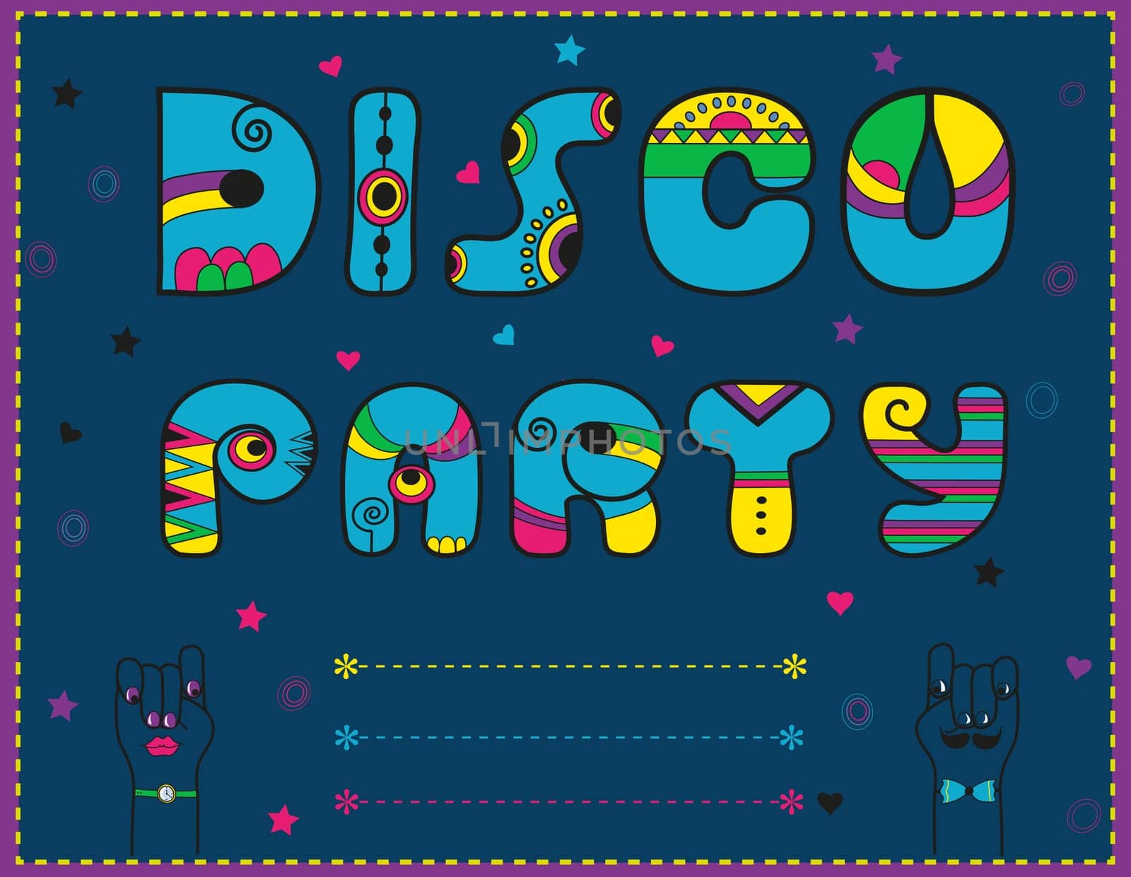 Inscription Disco Party. Invitation to party. Funny blue font. Letters with bright decor. Cartoon hands looking at each other. Place for custom text.  illustration.