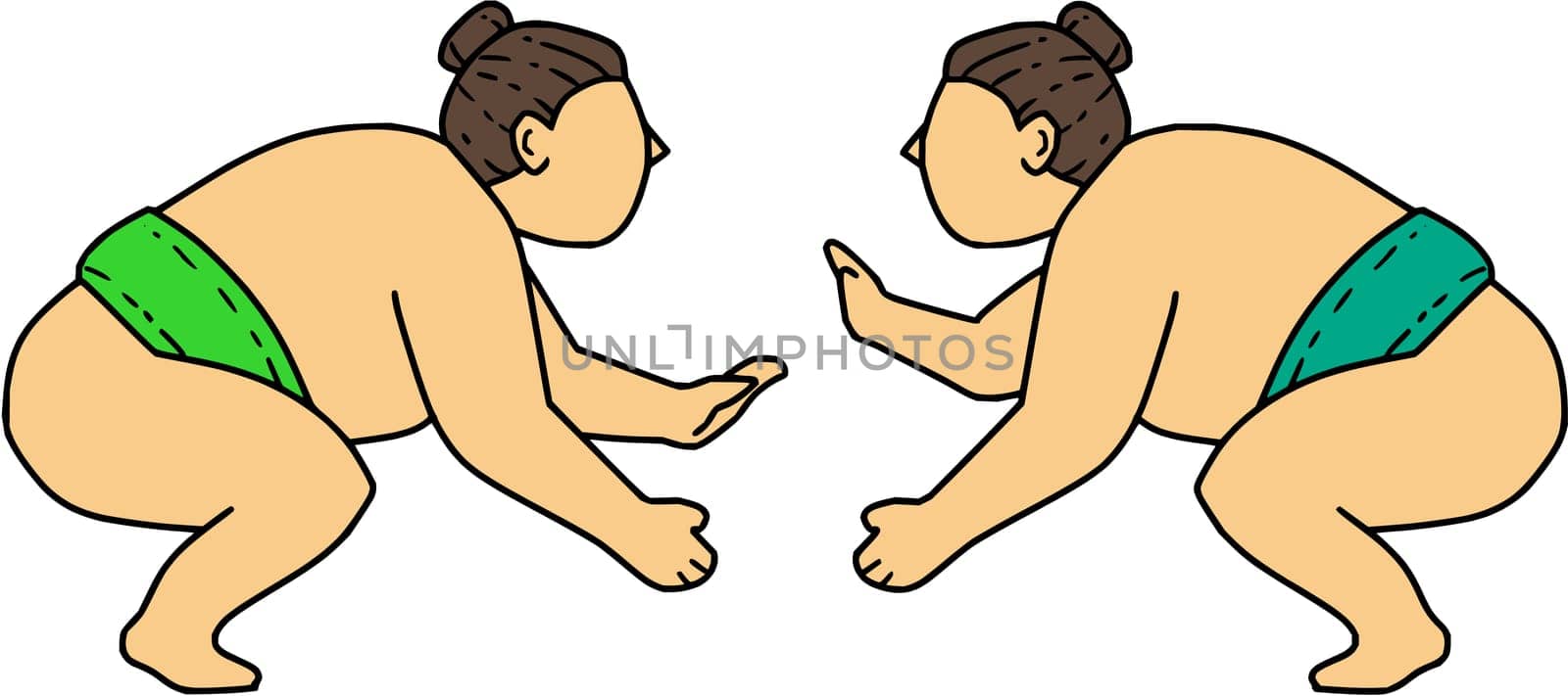 Mono line style illustration of a Japanese rikishi or wrestler, engaging in a match bout of Sumo or sumo wrestling, competitive full-contact wrestling sport face off viewed from the side set on isolated white background.