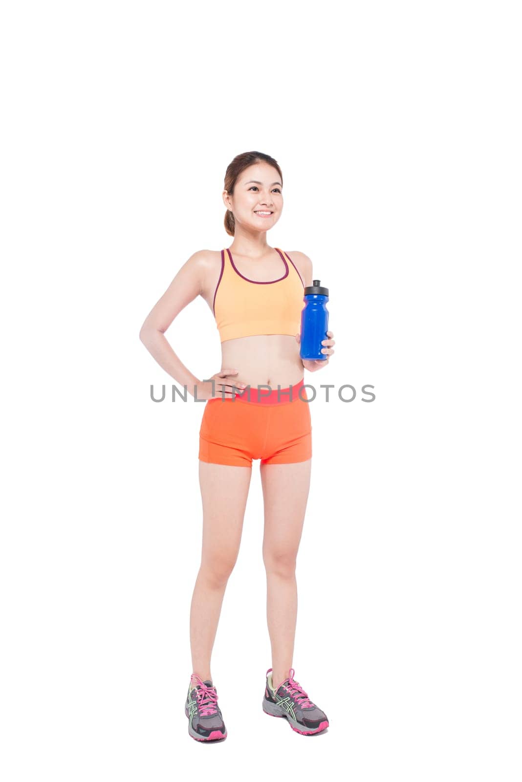 beautiful sporty woman doing exercise, isolated on white background in full length