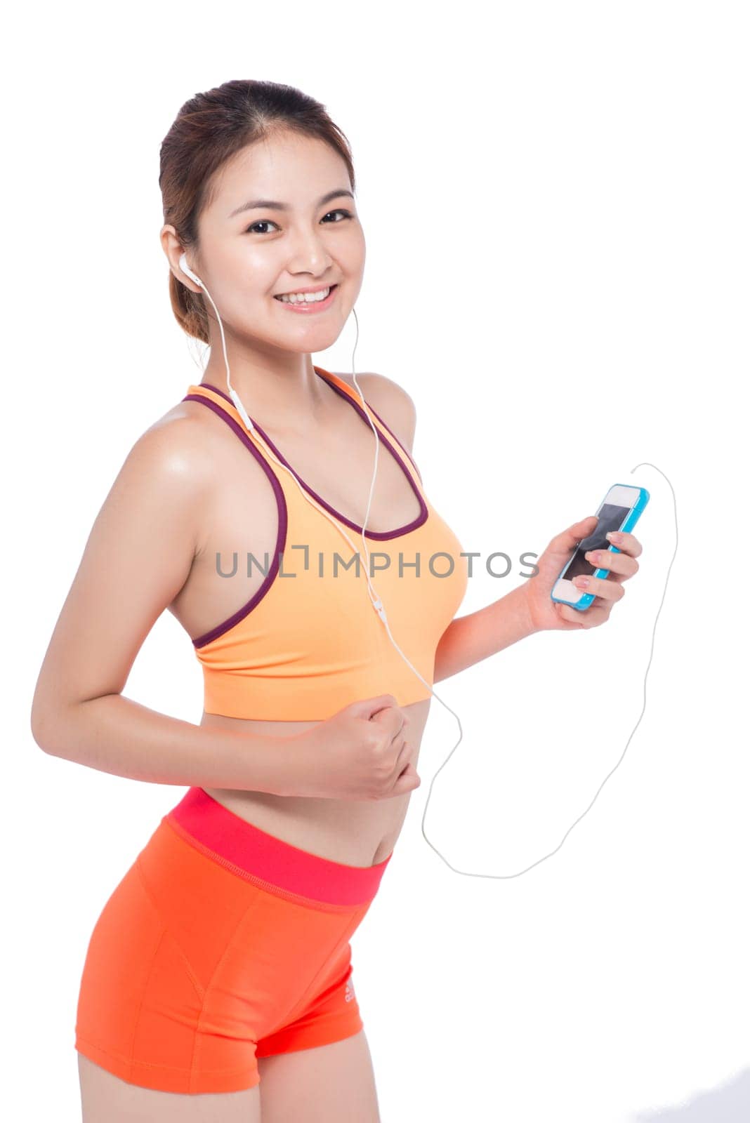 fitness woman running listen to music isolated on white background