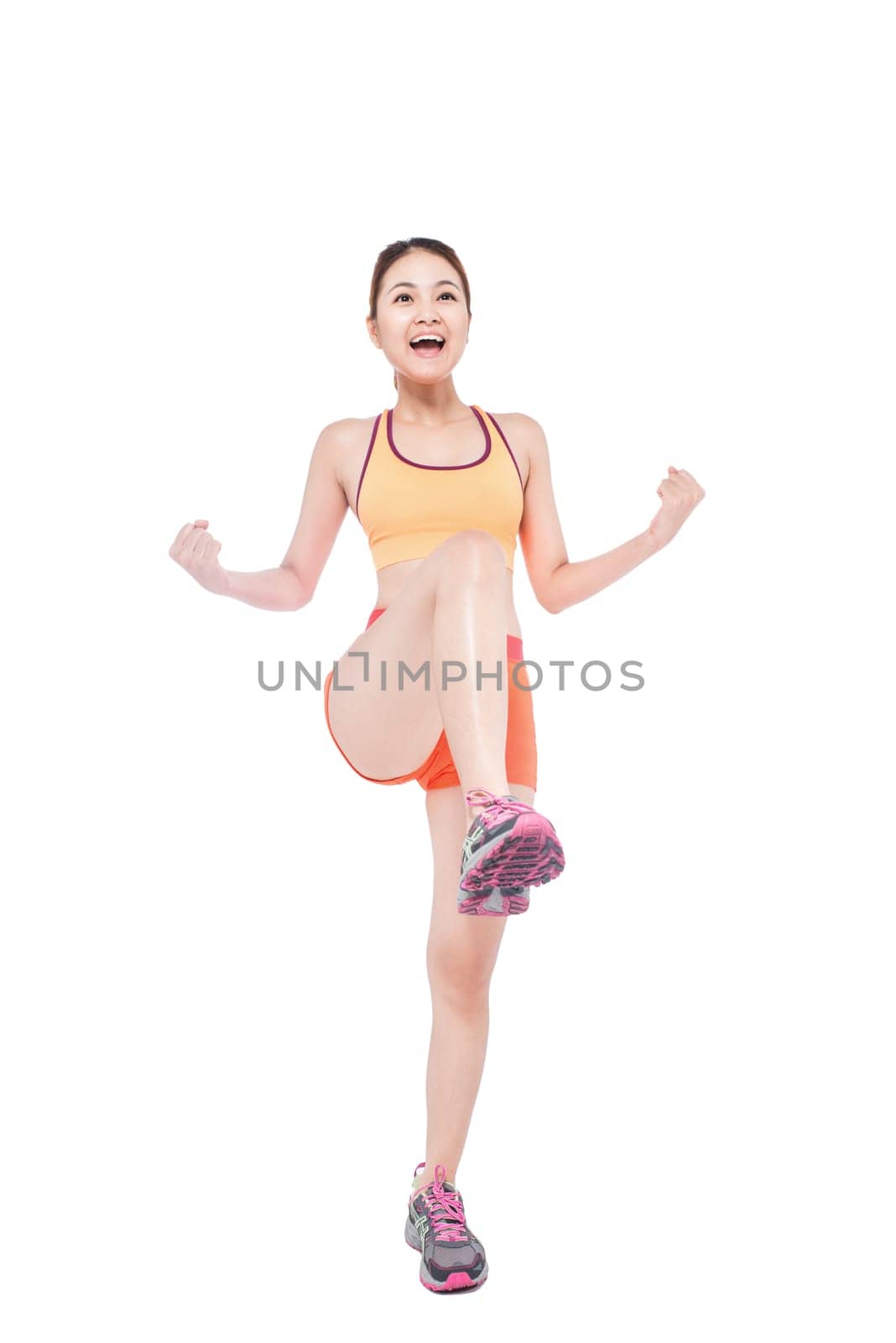 Running fitness asian woman isolated on white background.