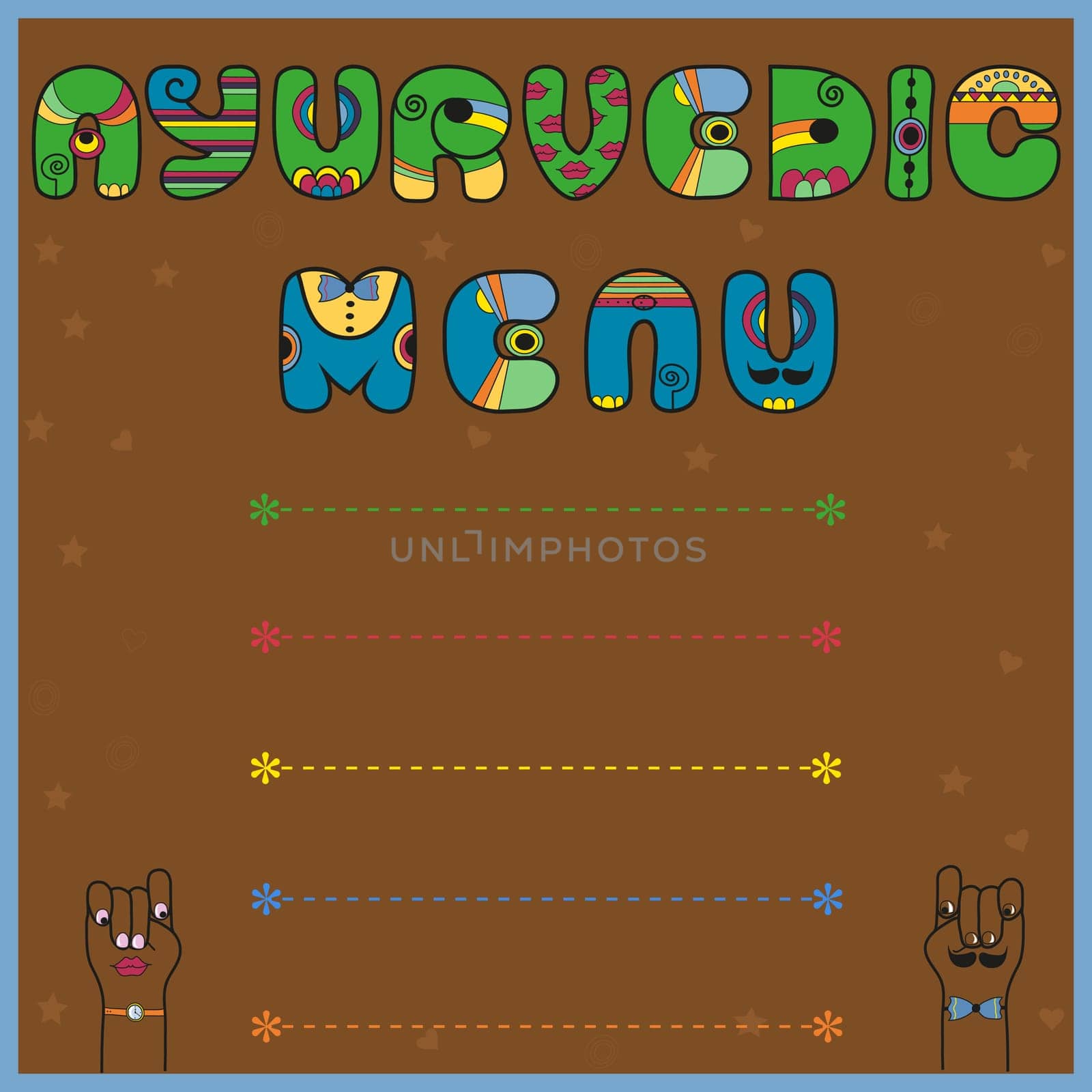 Inscription Ayurvedic Menu. Colored Letters. Cartoon hands looking at each other. Unusual font. Illustration.