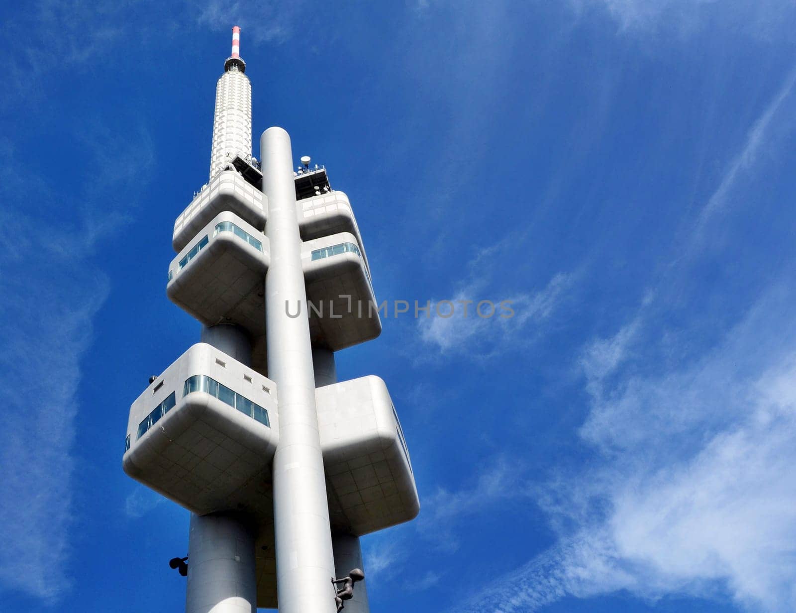 PRAGUE, CZECH REPUBLIC - MAY 03, 2017: Zizkov Television Tower with observatory. The Tower is highest building in Czech Republic with total height 216 meters on May 03, 2017 in Prague.