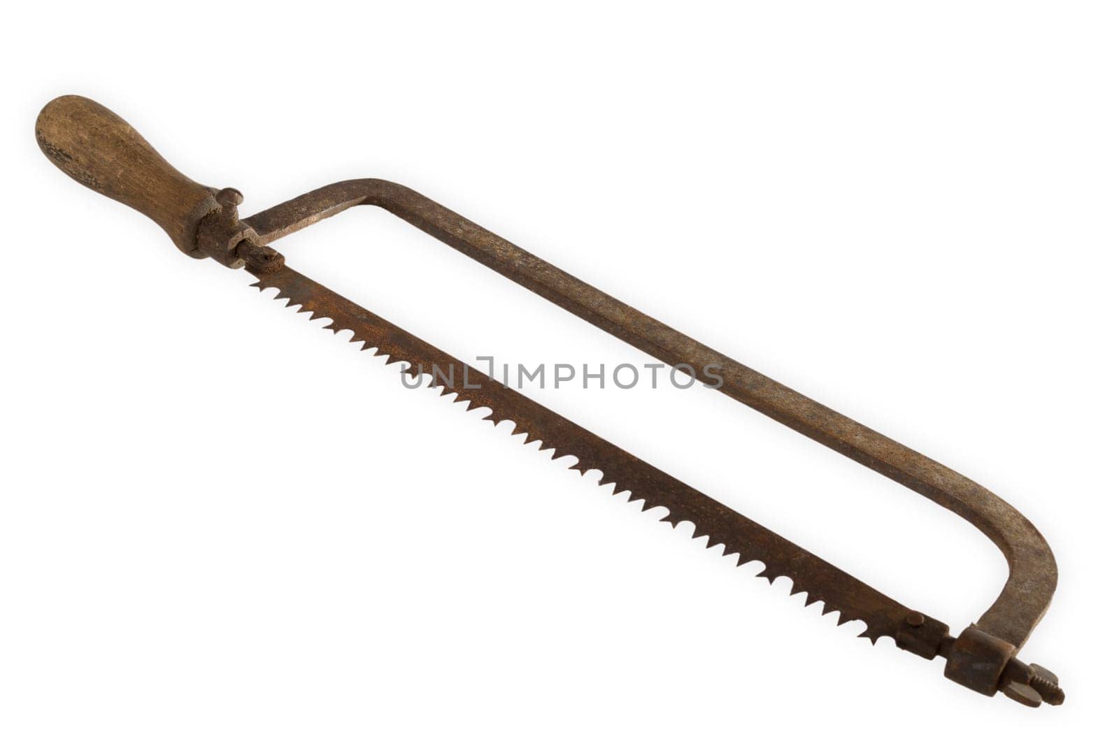 Old rusted hand saw exposed on white background