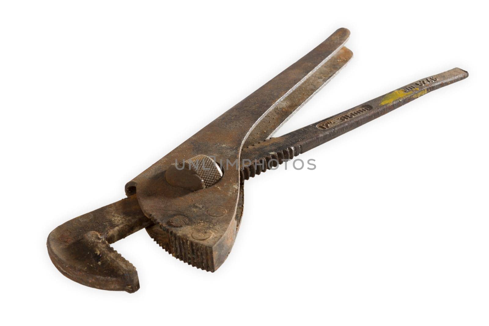 Old pipe pliers exposed on white background