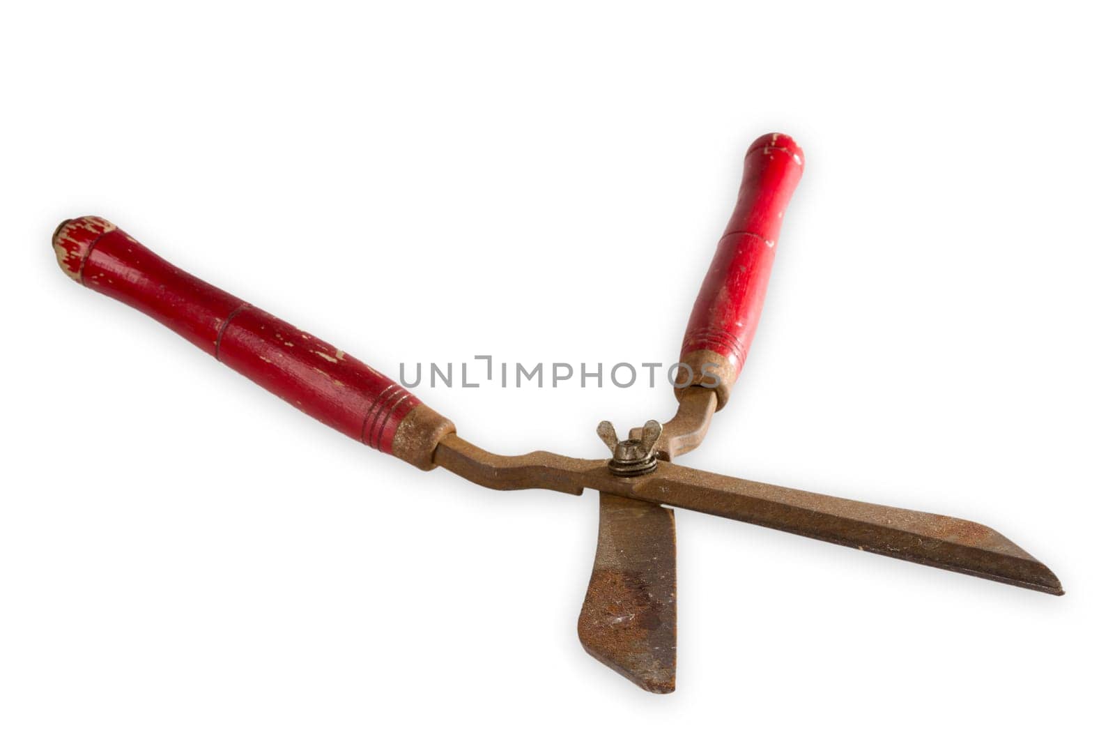 Old rusted hedge trimmers exposed on light rear
