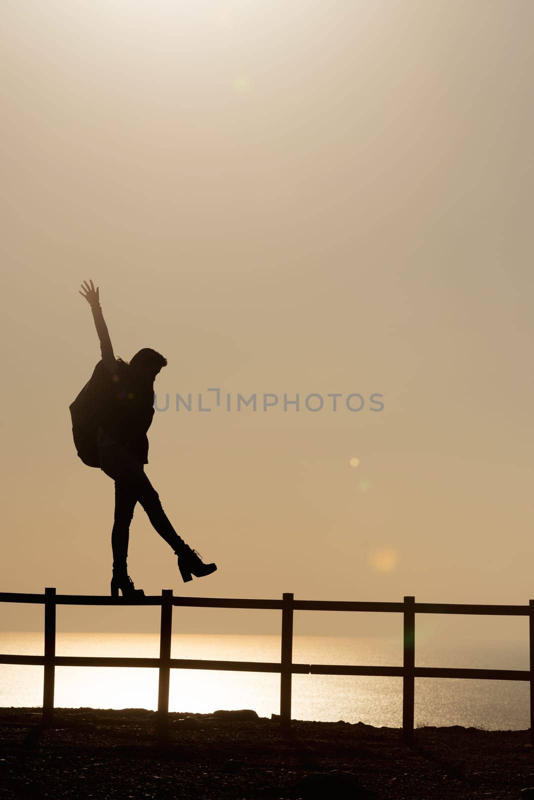 Girl in silhouette over a fence at sunset
