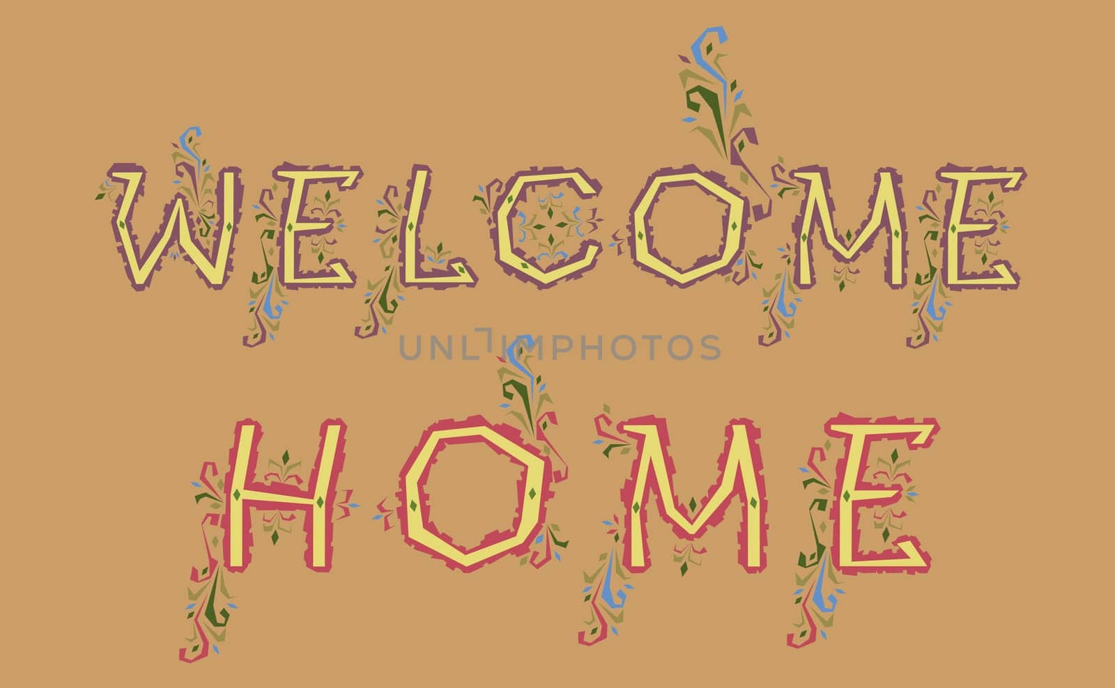 Inscription Welcome Home. Delicate letters with floral pattern.  Illustration.