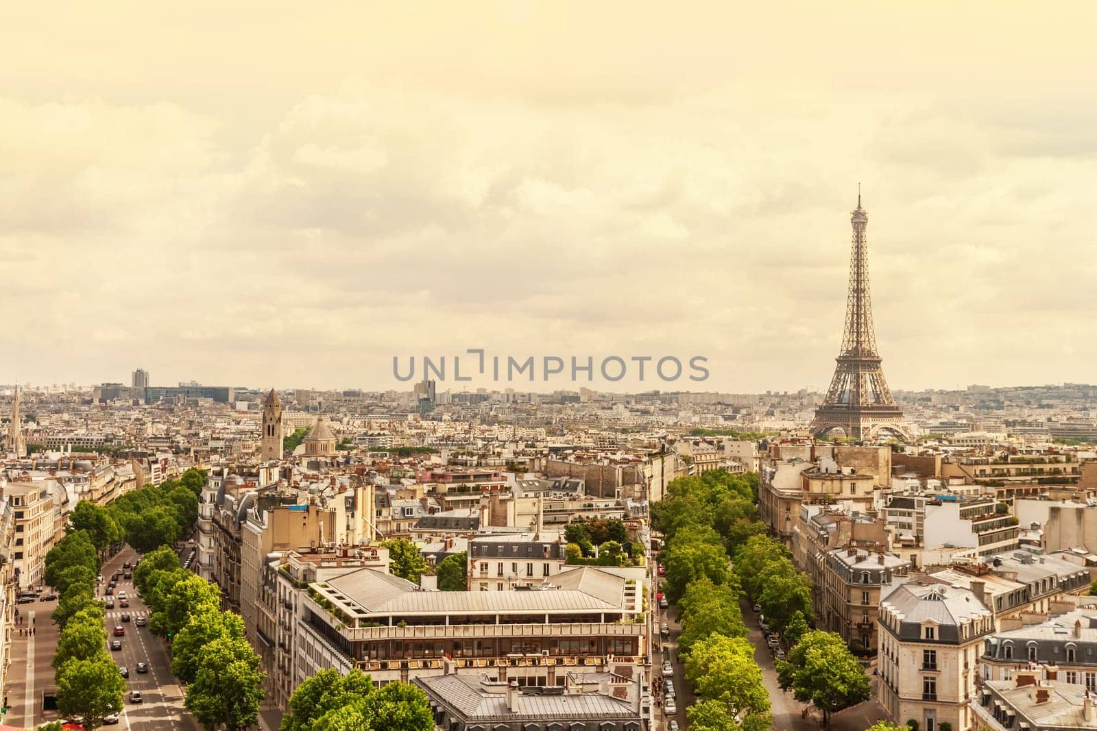 View on Paris city, Champs elysees Avenue, France