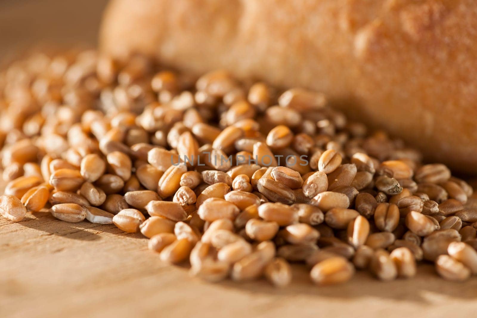 Close-up of spelt grains with rolls on a round breakfast board in the side light in the side light.