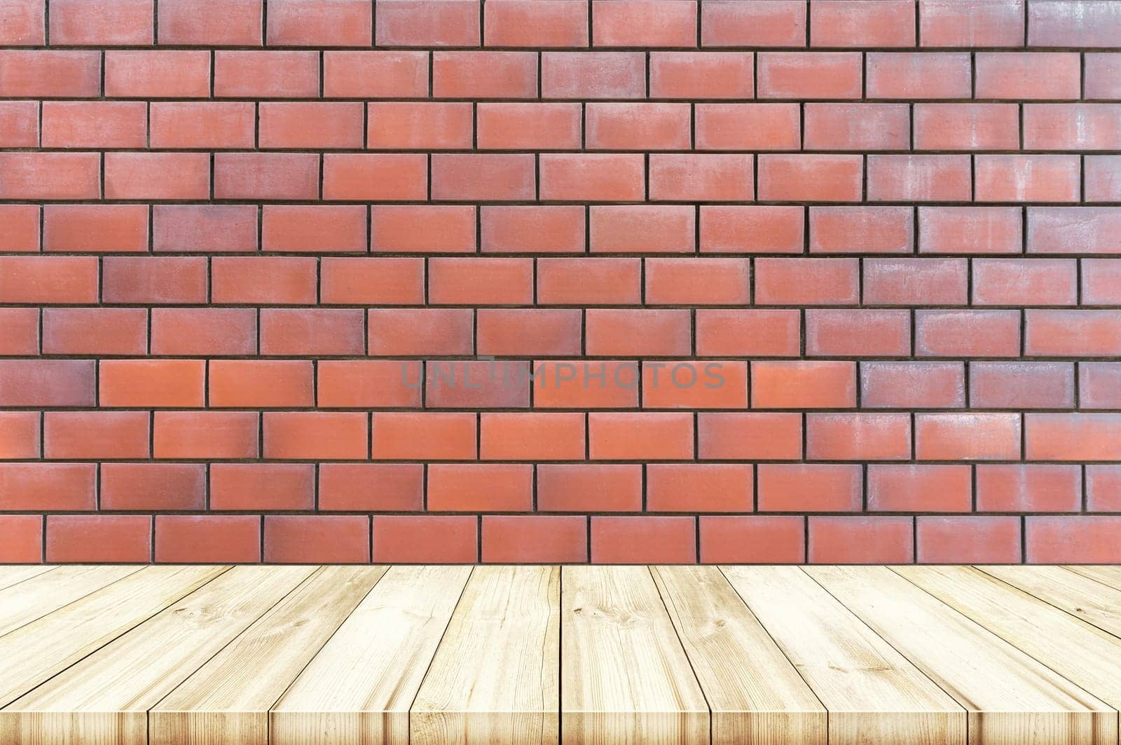 Empty wooden table top with red brick wall texture background. can be used product display.