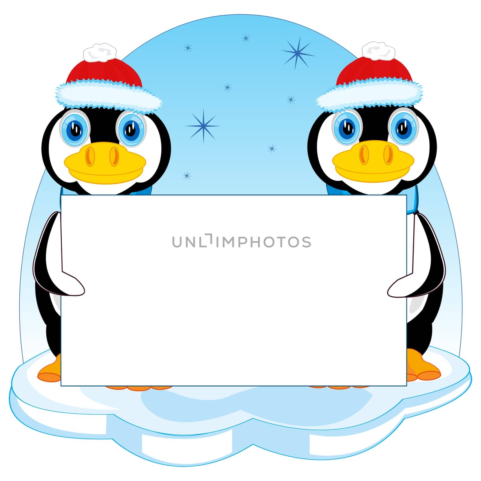 Penguins in hat on block of ice with poster