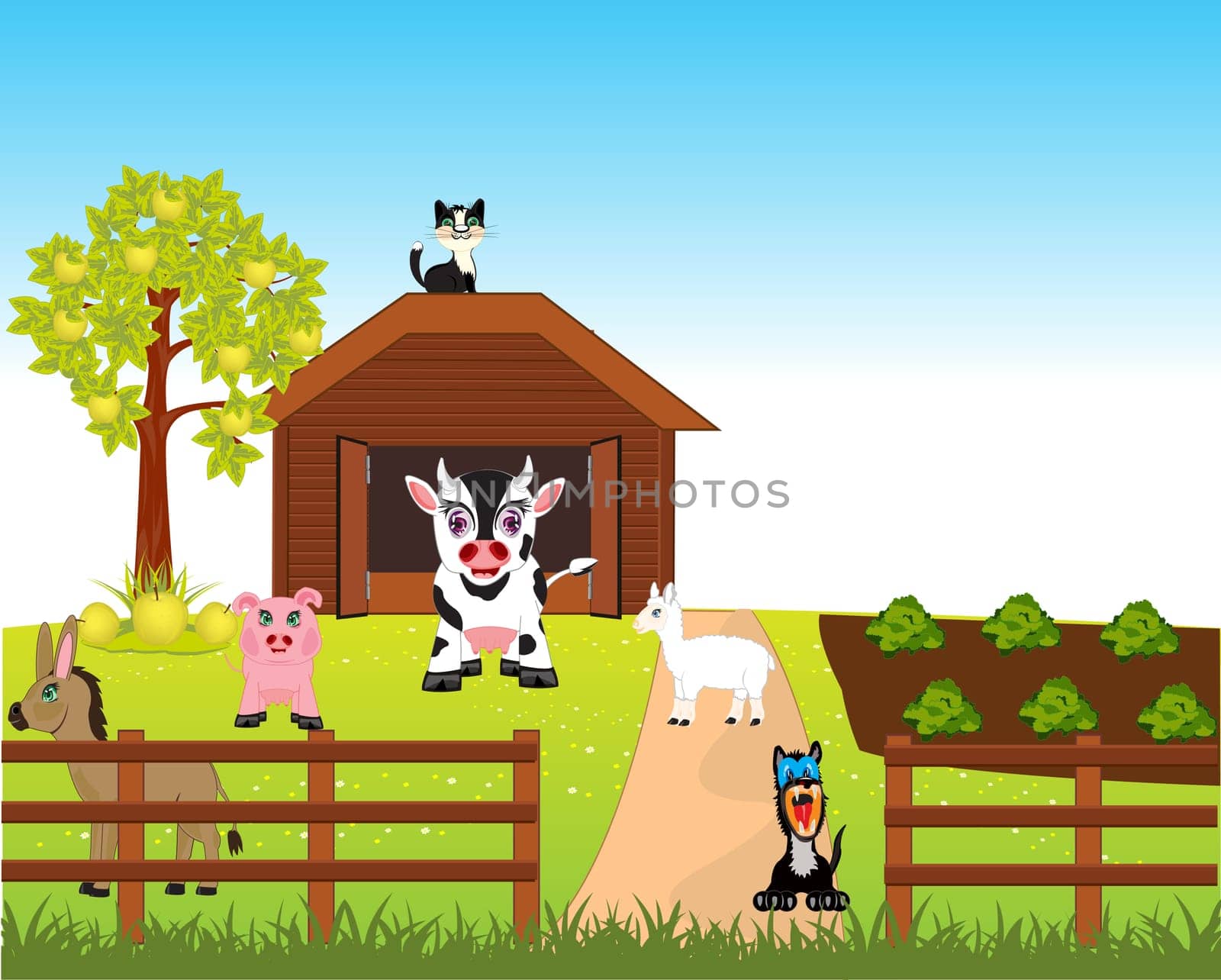 Much pets animal on rural farm.Vector illustration