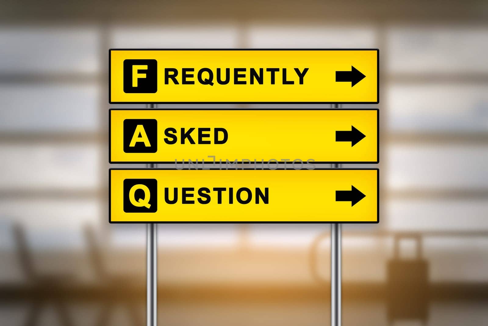 FAQ or Frequently asked questions on airport sign board with blurred background