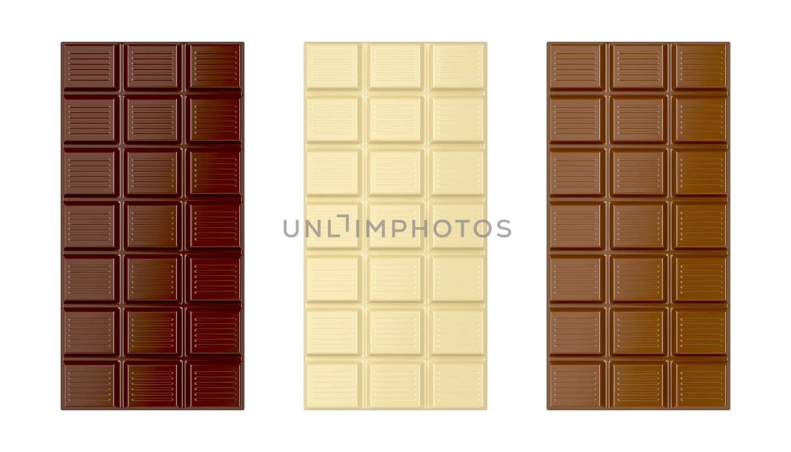 White, brown and dark chocolate bars, isolated on white background