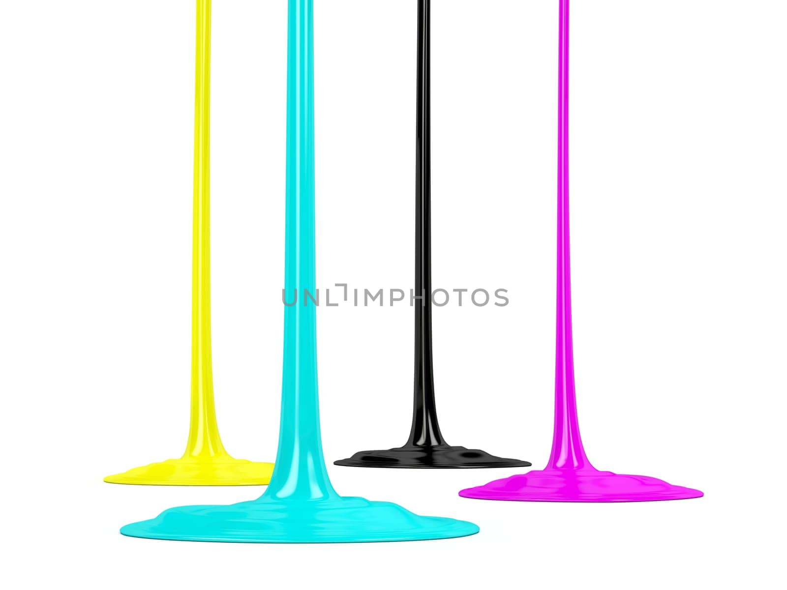Cyan, magenta, yellow and black inks, dripping on white background