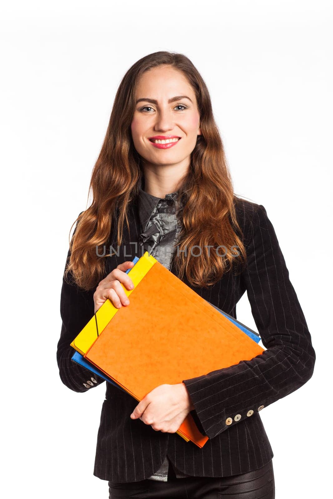 Portrait of a beautiful working woman with folders, isolated on white