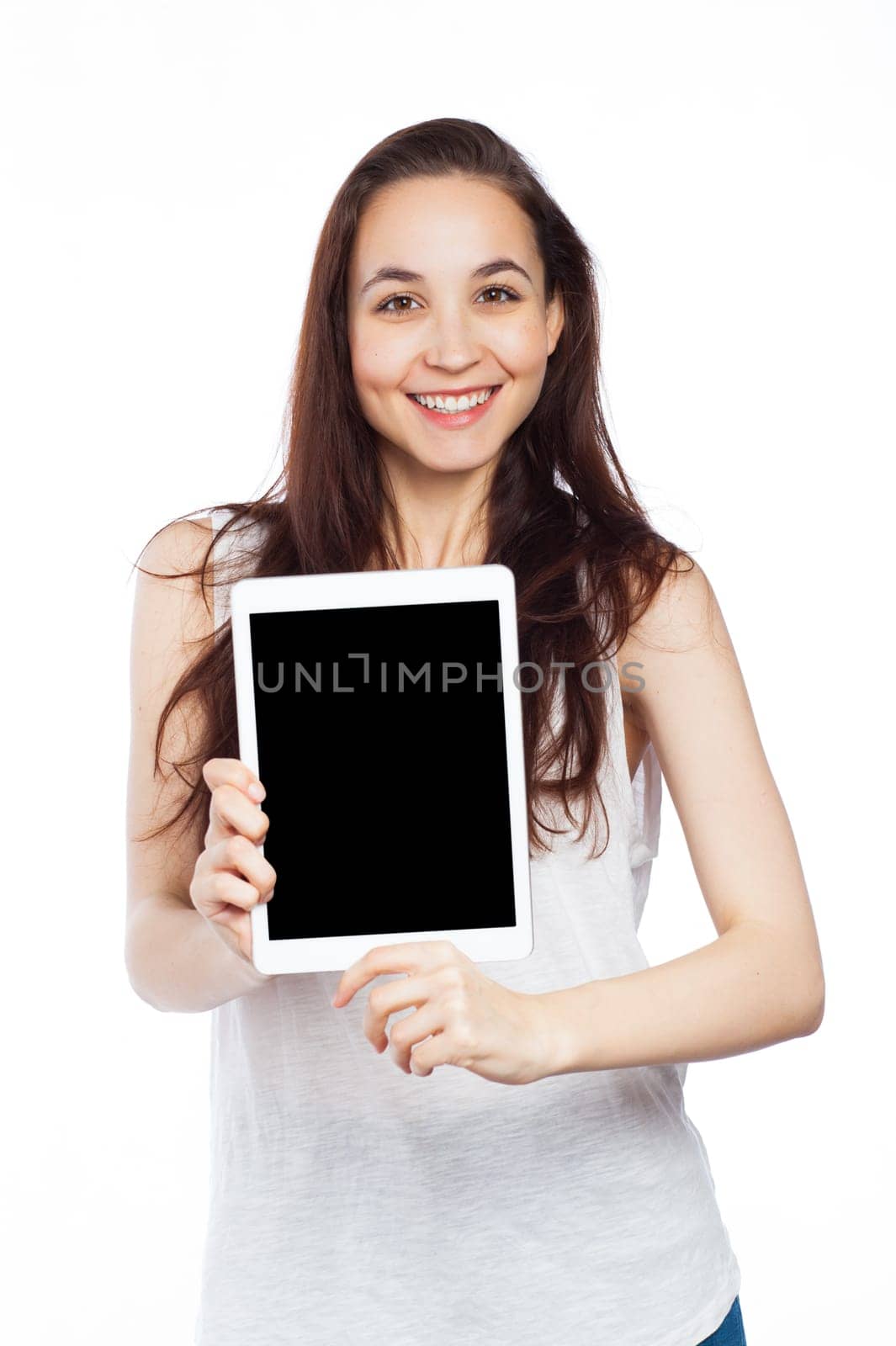 Beautiful woman displaying a tablet, isolated on white