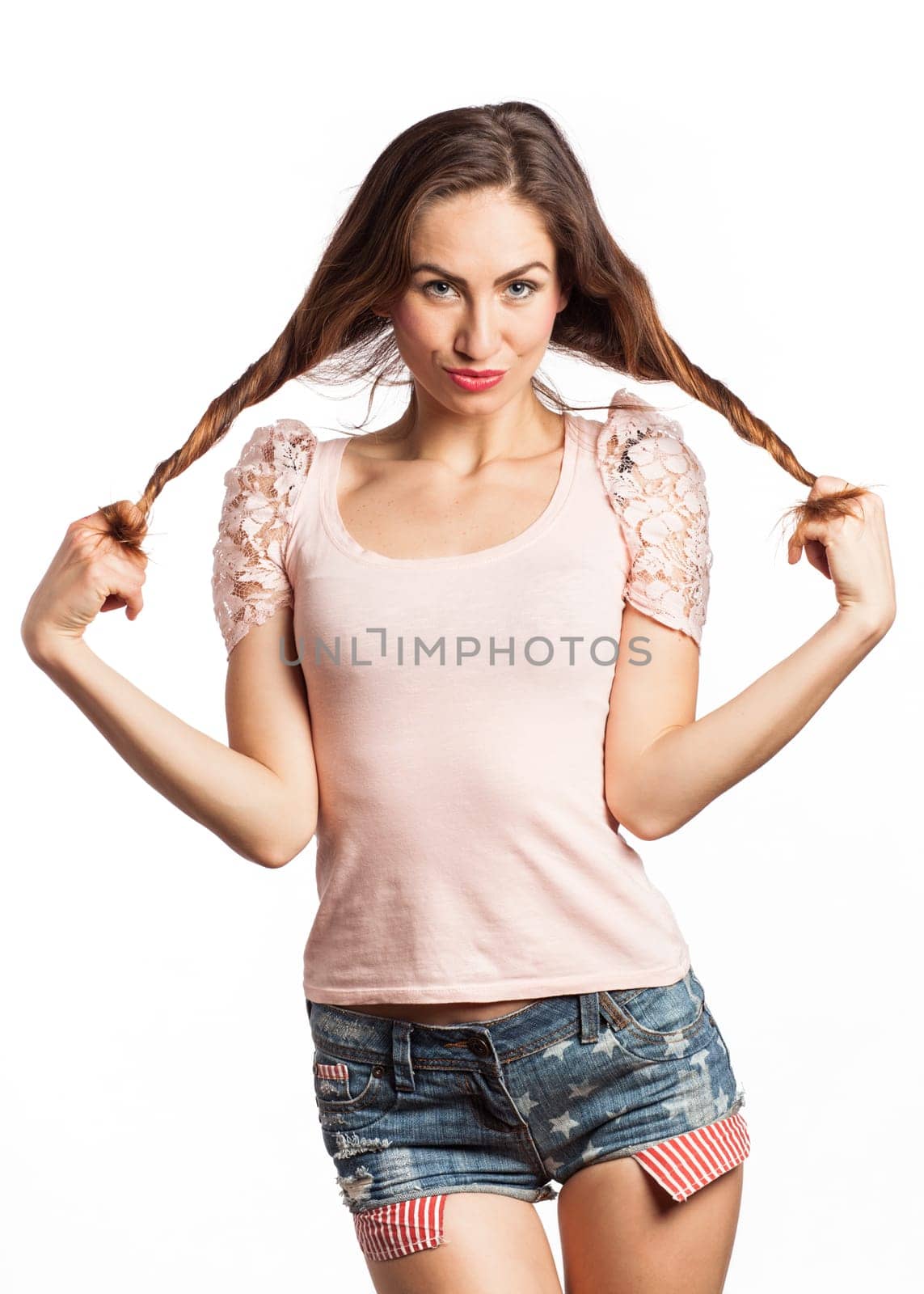 Portrait of a cute woman a bit provoking, isolated on white