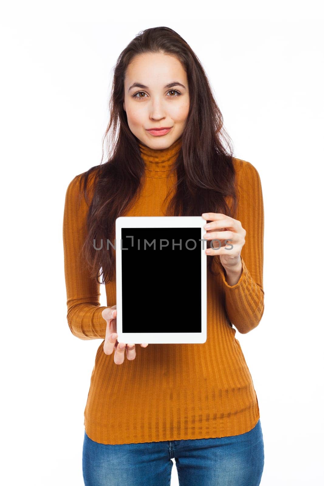 Young brunette showing a blank touchpad, communication concept, isolated on white