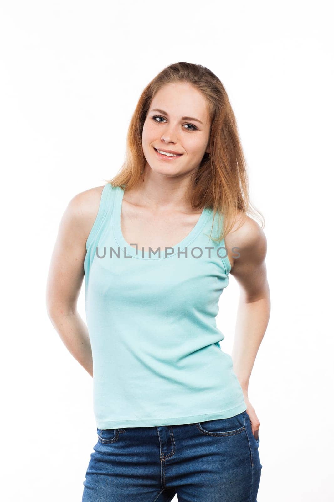 Portrait of a casual girl standing, isolated on white